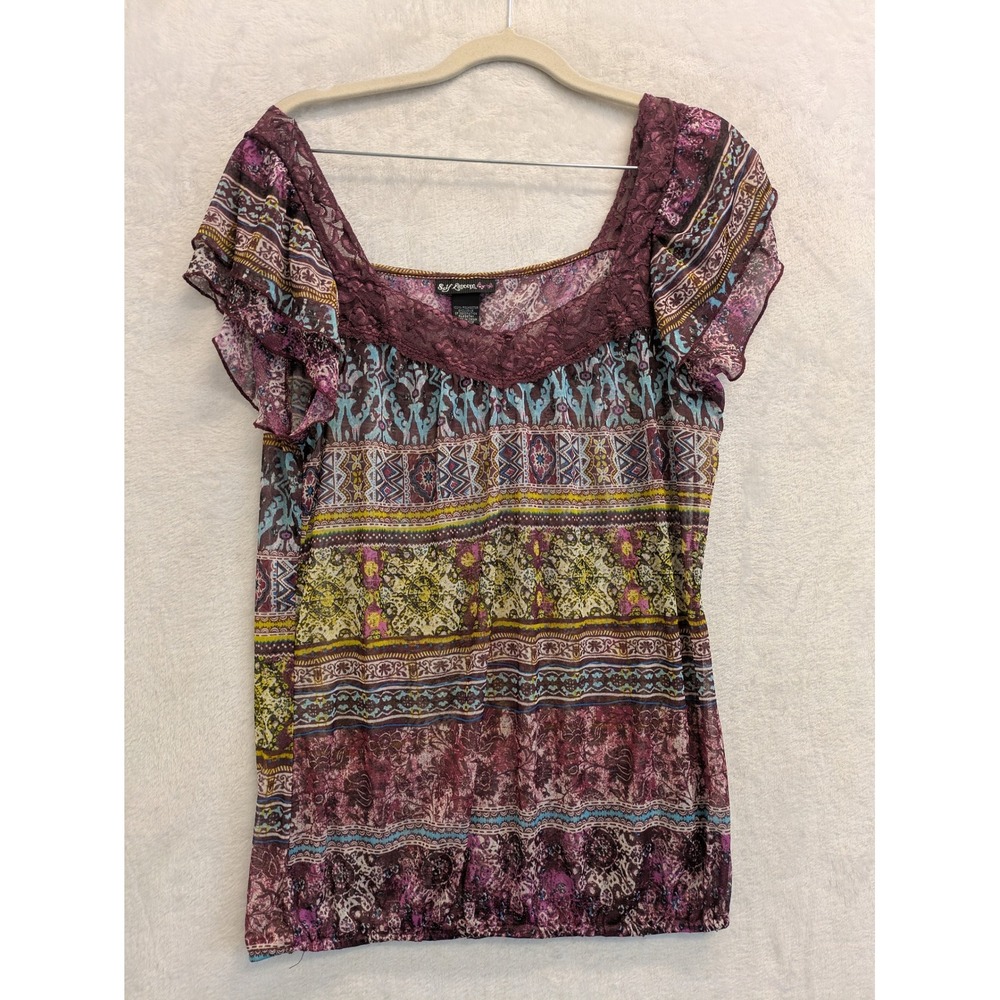 Self Esteem‎ Y2K Women's Purple Boho Print Lace Trim Short Sleeve Top XLarge